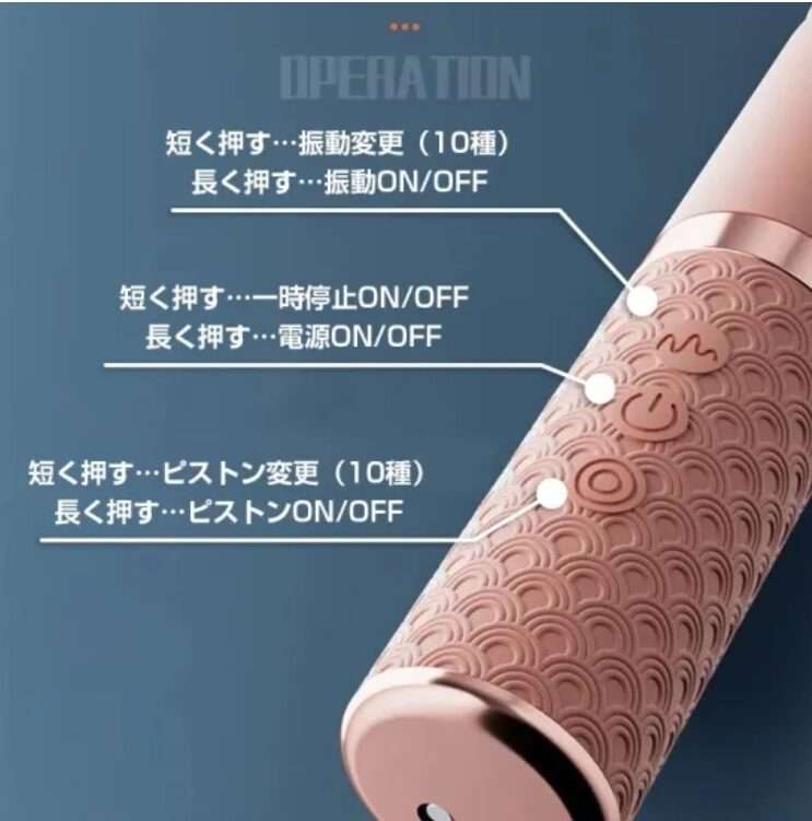 振動・電源・ピストンの各種ボタン説明が記載された多機能バイブの操作ガイド画像