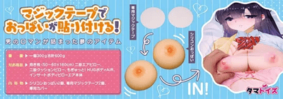 「抱き枕用シリコンおっぱい」の特徴紹介画像。シリコンおっぱい2個と専用マジックテープを使い、抱き枕に貼り付けられることを解説している。対応サイズやセット内容も記載。